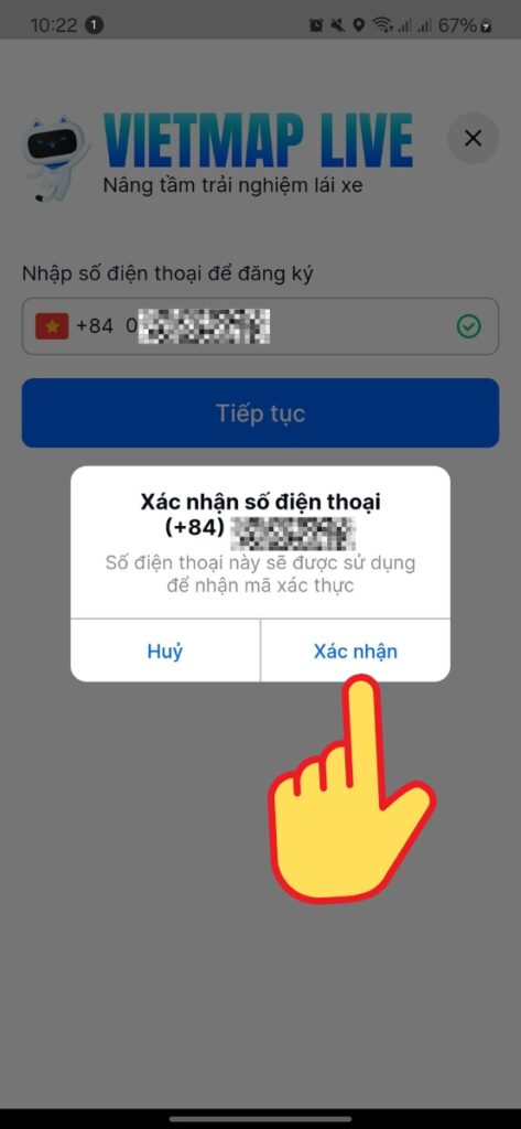 Cách đăng kí tài khoản Vietmap Live Pro trên điện thoại: Bước 3: Bấm xác nhận