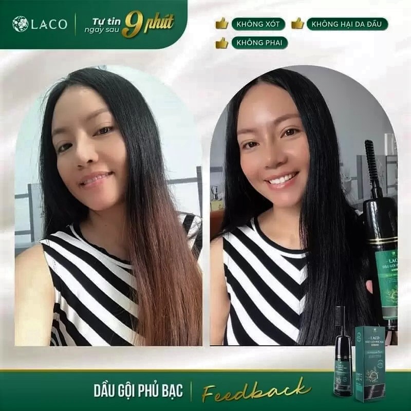 Chỉ sau dùng dầu gội phủ bạc Laco khoảng 9 phút gội, tóc đã lên màu đều, bóng và trông đen tự nhiên